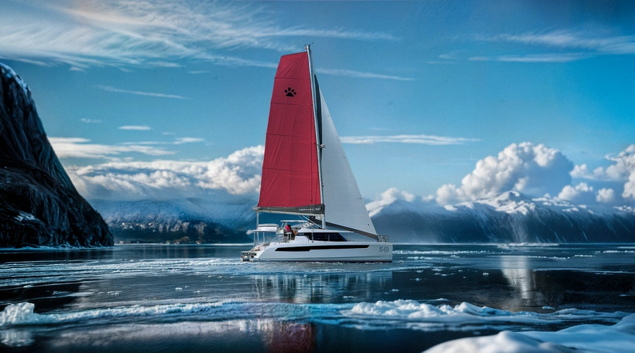 A Lagoon 51 catamaran in blue water