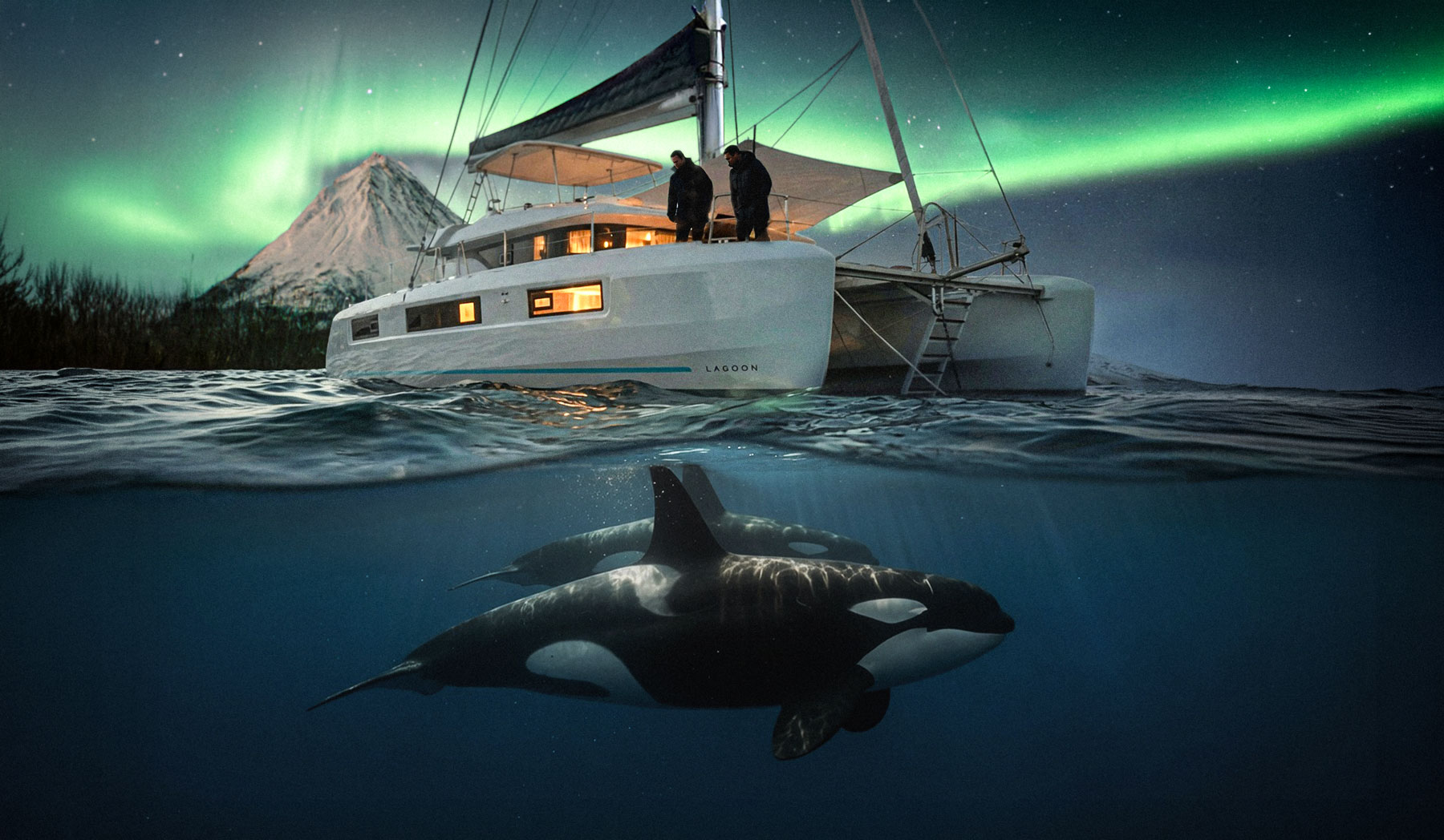Wild orcas surfacing beside an expedition boat in Arctic Norway