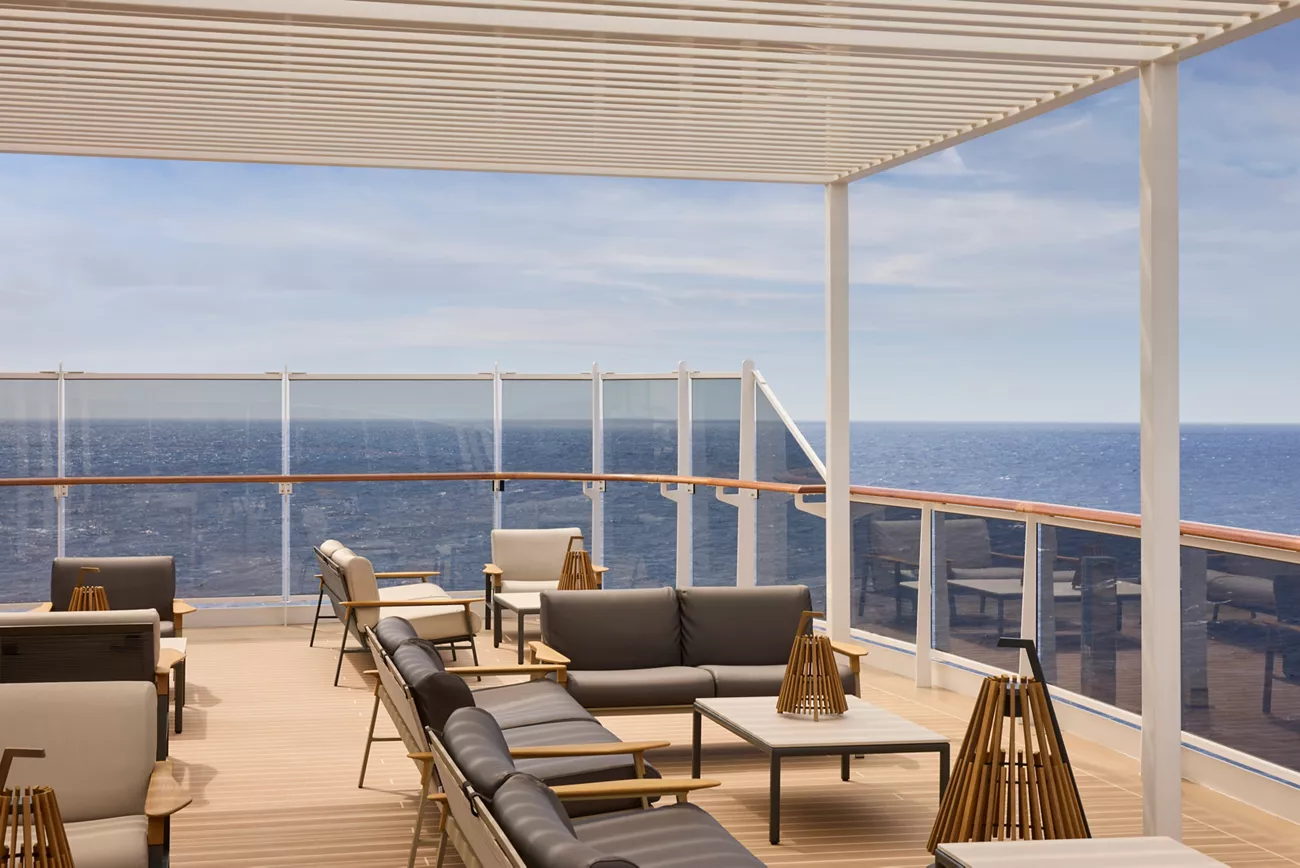 Sky Bar on 14 aboard Explora III, a fully outdoor bar on the ship's highest deck