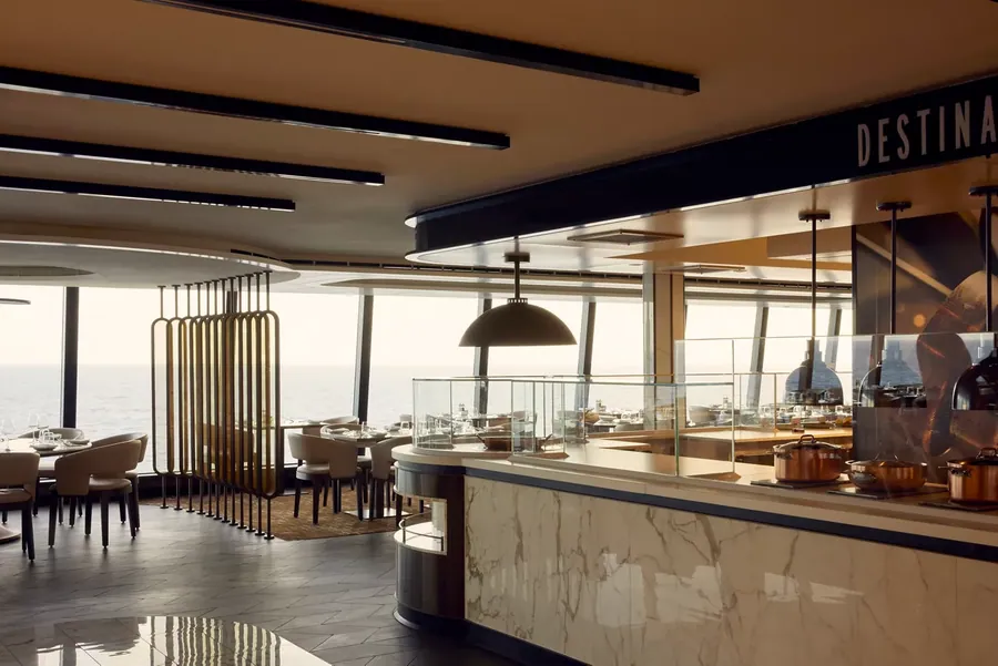 Emporium Marketplace on deck 11 aboard Explora III, an open-kitchen market-style venue