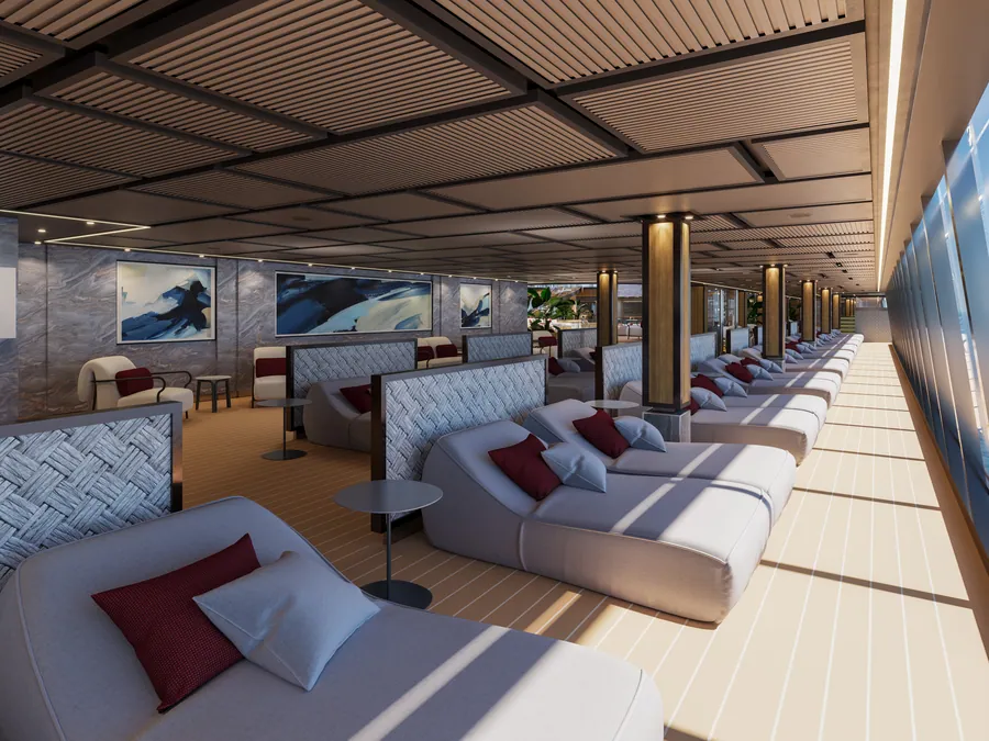 The Conservatory Pool and Bar on deck 11 aboard Explora III, under a retractable glass roof