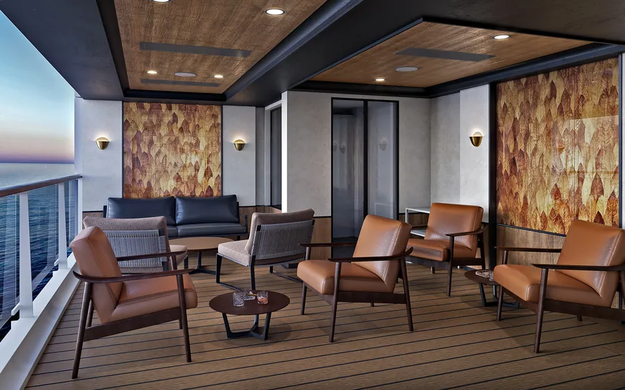 Cigar Lounge on deck 11 aboard Explora III with outdoor seating