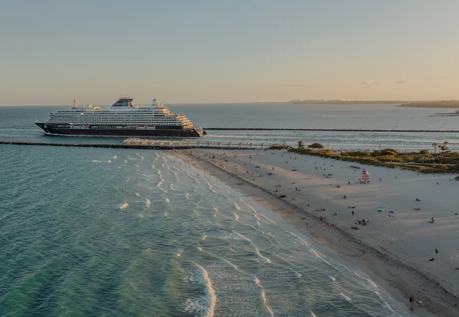Aerial view of South Pointe Beach and Government Cut, the main cruise channel into PortMiami