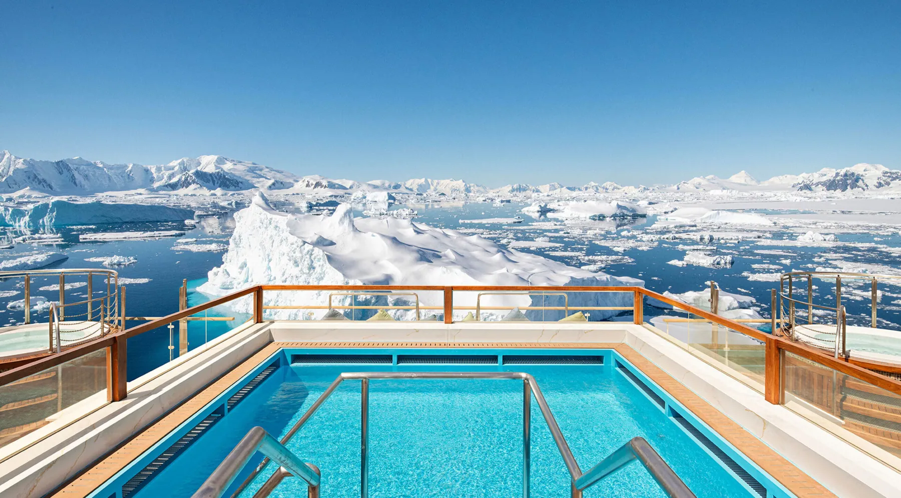 Douglas Mawson heated aft pool with polar backdrop