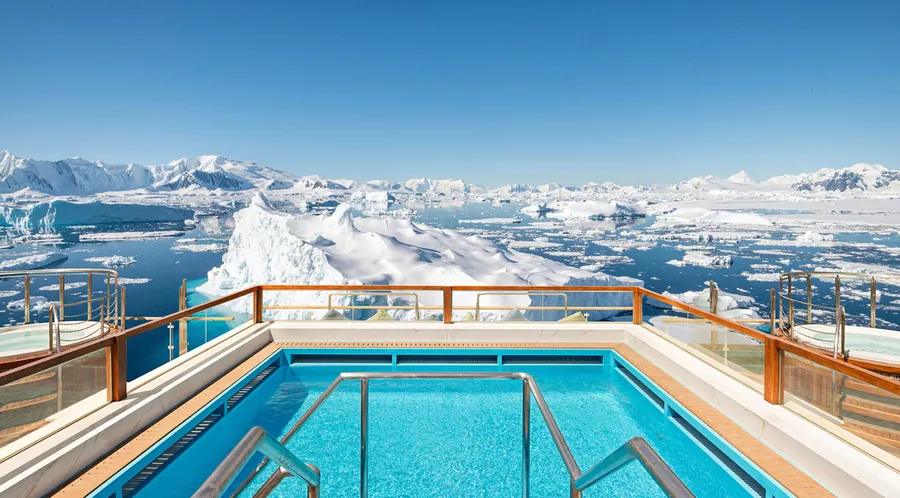 Douglas Mawson heated aft pool with polar backdrop