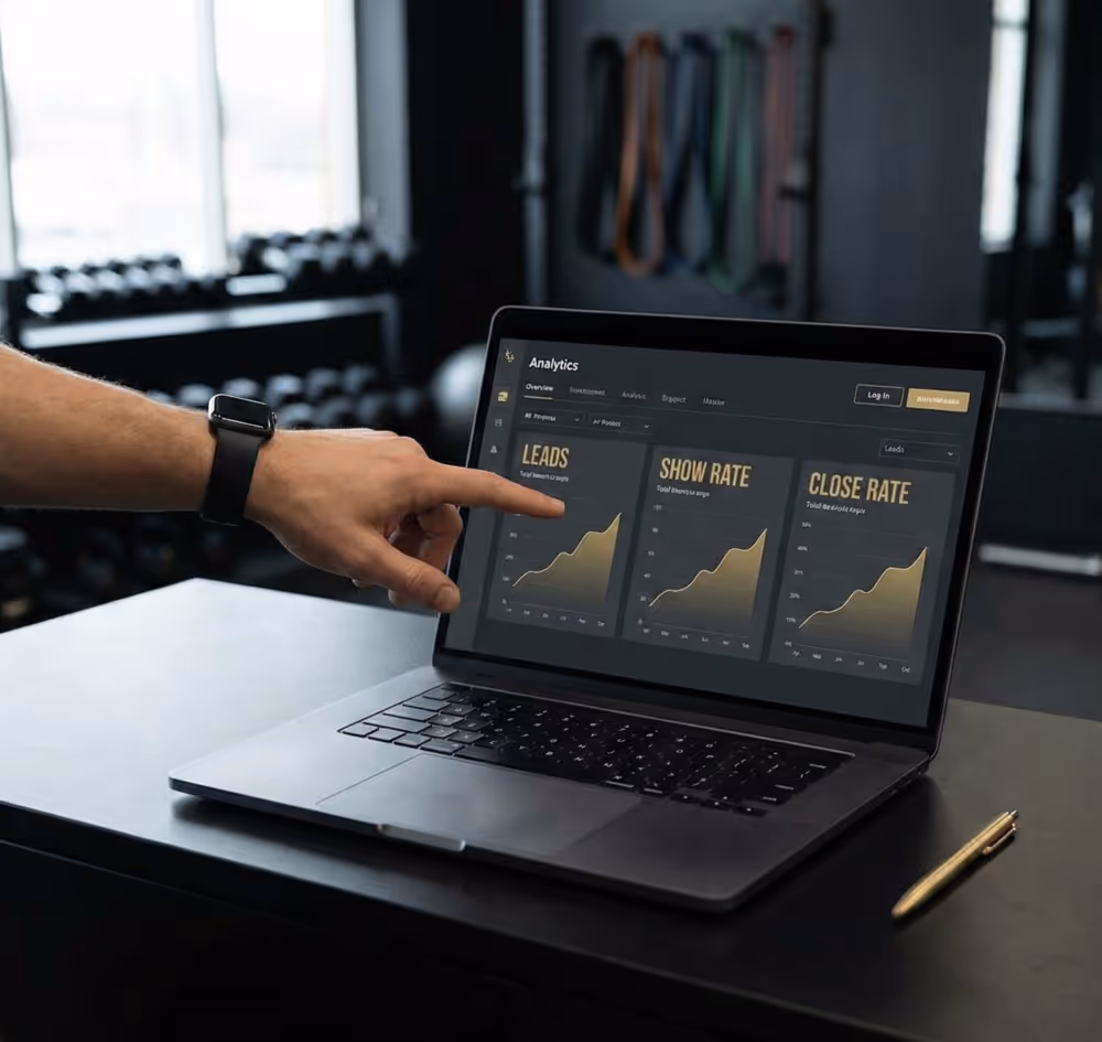 Gym owner reviewing data on laptop