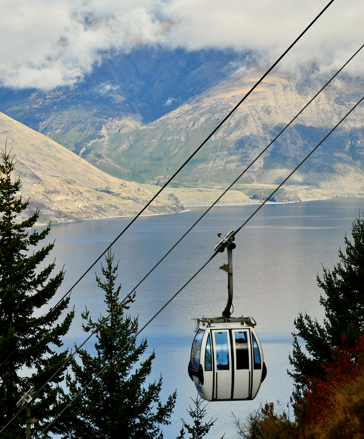 Cable car gondola suspended on cables above trees with a mountain and lake backdrop under a cloudy sky.