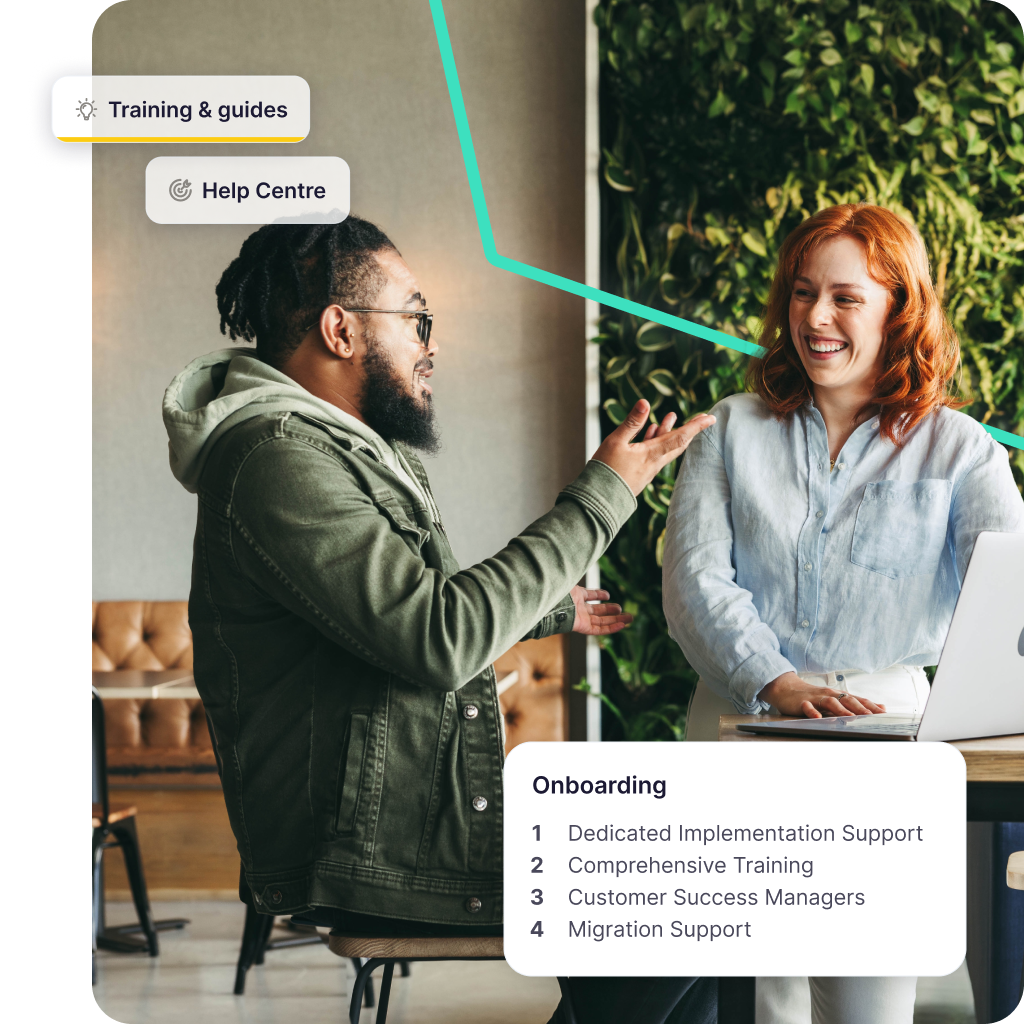 Man and woman smiling and talking at a table with a laptop, overlaid with onboarding process steps and labels for training, guides, and help center.