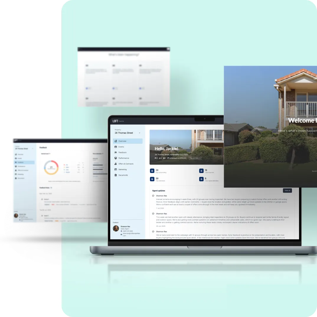 Laptop and computer screens showing a property management dashboard with sections for overview, events, feedback, marketing, and documents.