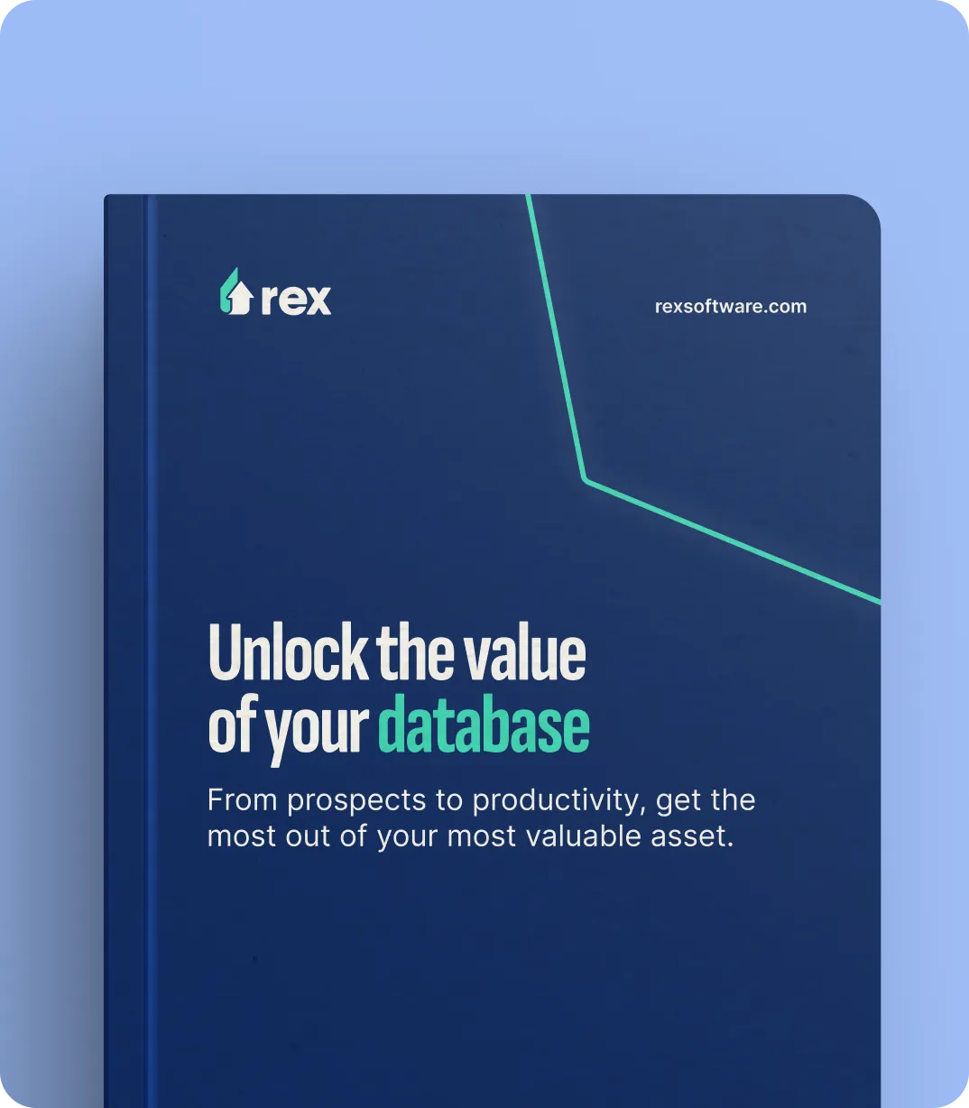 Blue book cover titled 'Unlock the value of your database' with rex logo and website rexsoftware.com.