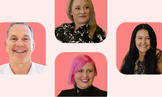 Four diverse people smiling, each shown in separate rounded square frames with a pink background.