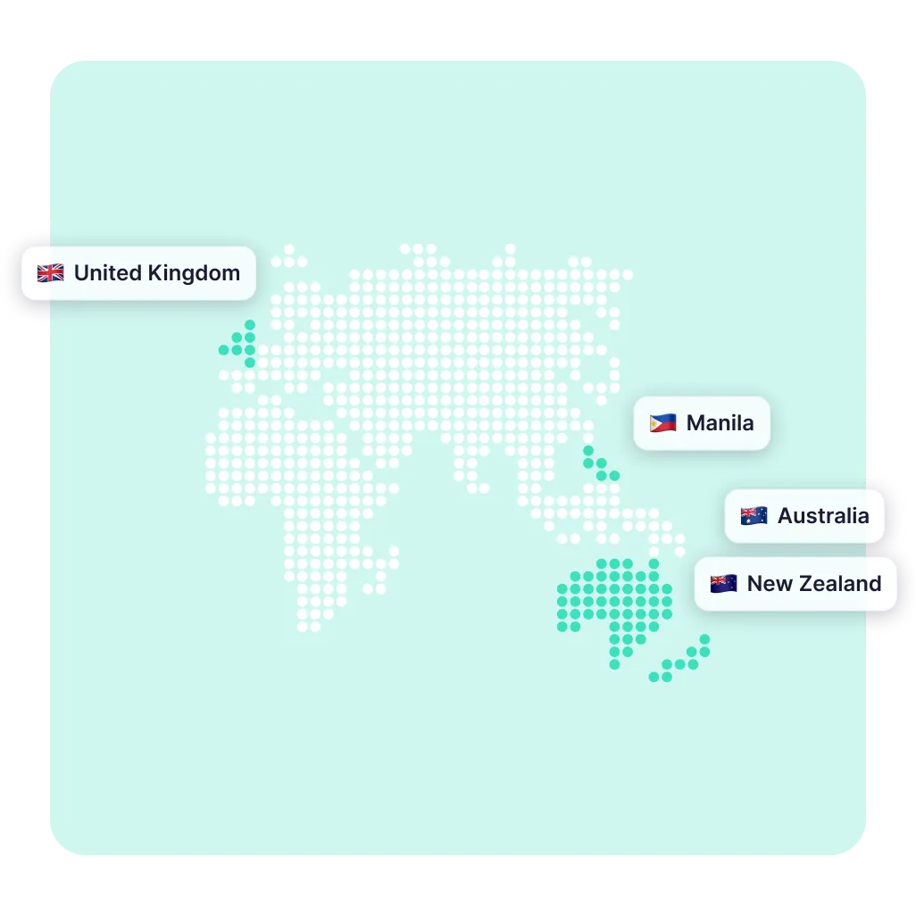 Dotted world map highlighting locations in the United Kingdom, Manila, Australia, and New Zealand with corresponding flags and labels.