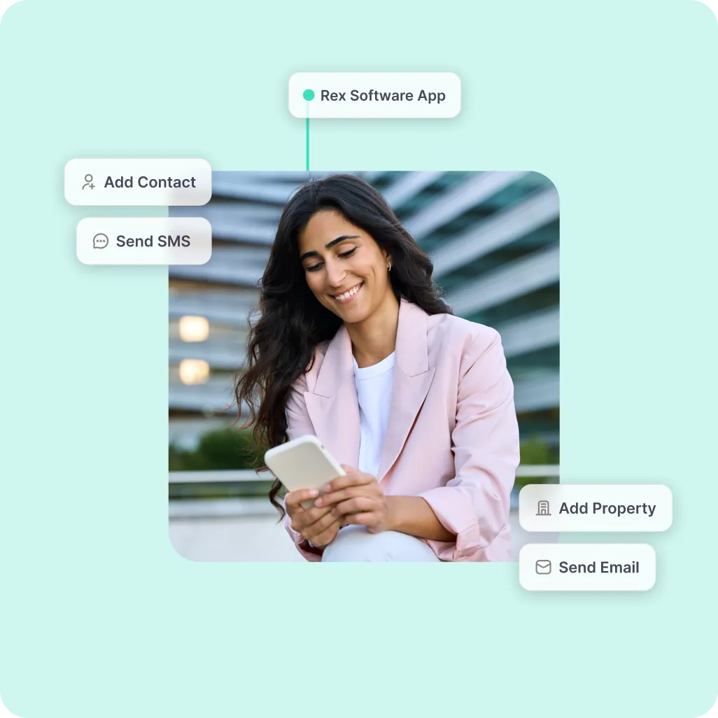 Smiling woman in a pink blazer using a smartphone with interface options: Add Contact, Send SMS, Add Property, Send Email labeled as Rex Software App.