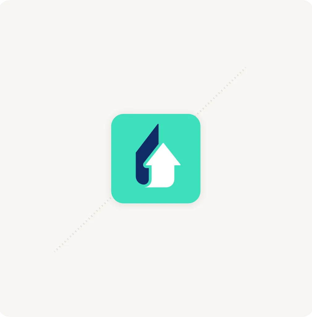 Icon showing a stylised white upward arrow combined with a navy blue shape on a teal square background.