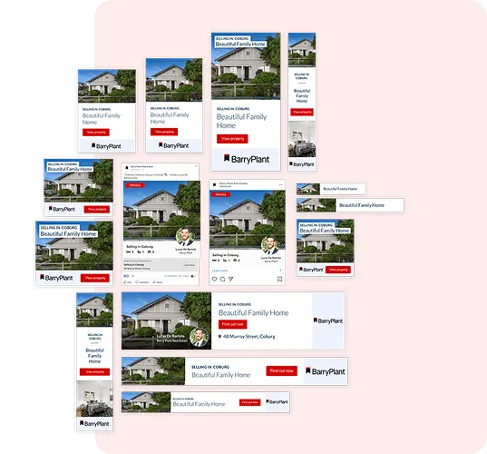 Grid of digital real estate ads for a beautiful family home in Coburg by Barry Plant, featuring property images, agent Lucas De Bartolo, and call-to-action buttons.