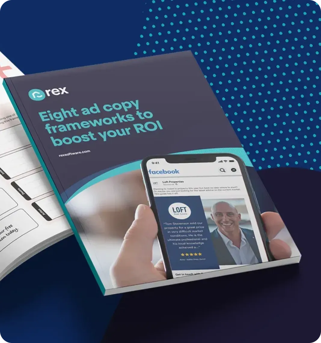Book titled 'Eight ad copy frameworks to boost your ROI' by rex with a smartphone showing a Facebook ad for Loft Real Estate.