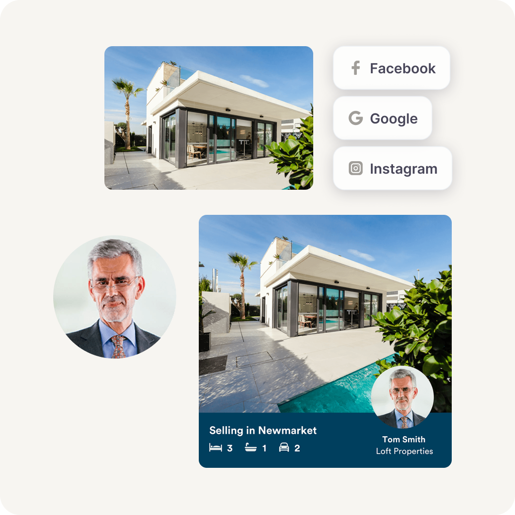Modern house with pool and palm trees for sale in Newmarket, featuring 3 bedrooms, 1 bathroom, and 2 parking spaces, promoted by real estate agent Tom Smith from Loft Properties, with icons for Facebook, Instagram, and Google.
