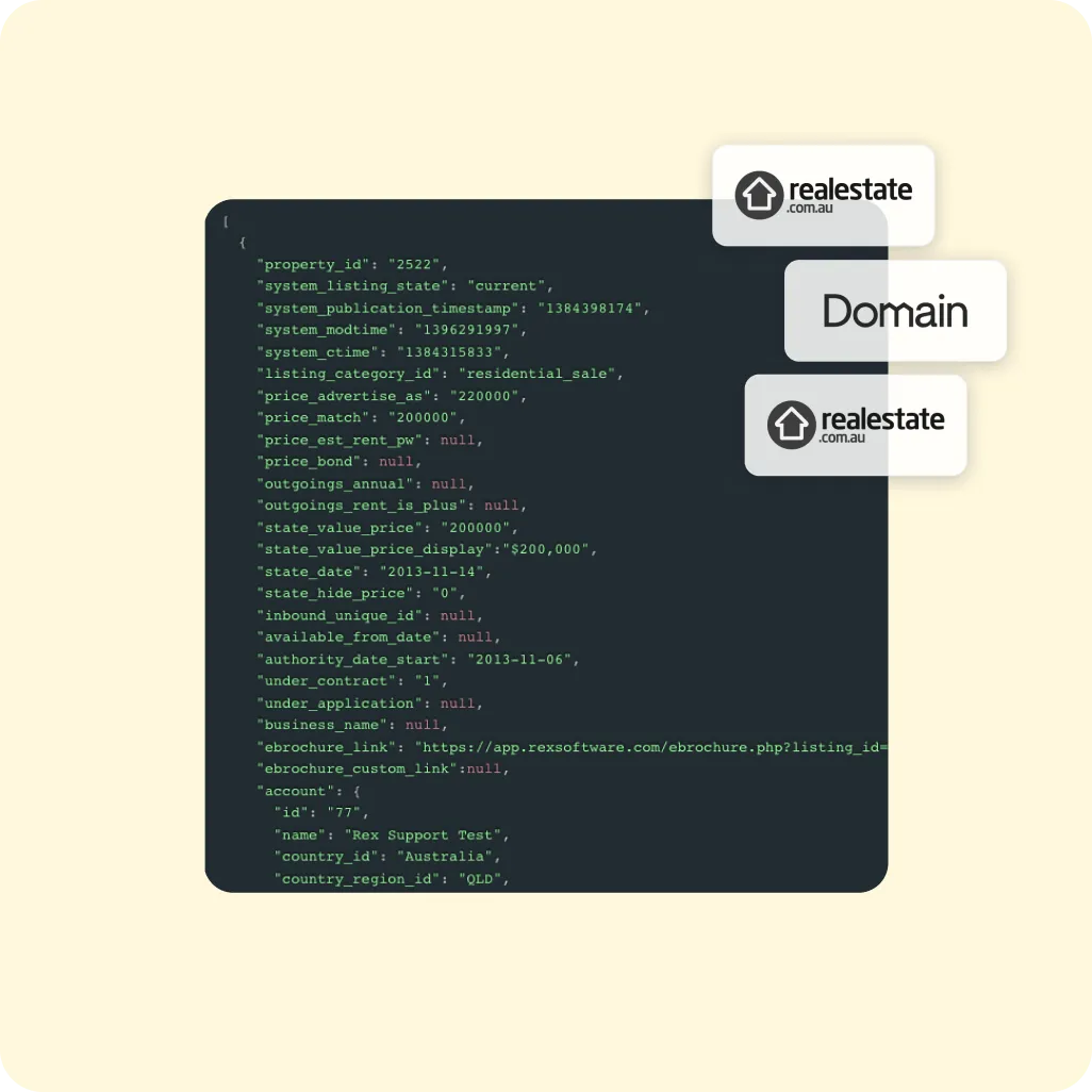 Code snippet showing JSON data related to a residential property listing with price and contract details, alongside realestate.com.au and Domain logos.
