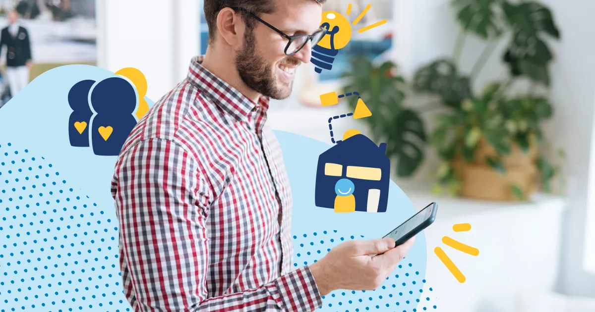 Real estate agent holding a mobile phone with graphic illustration