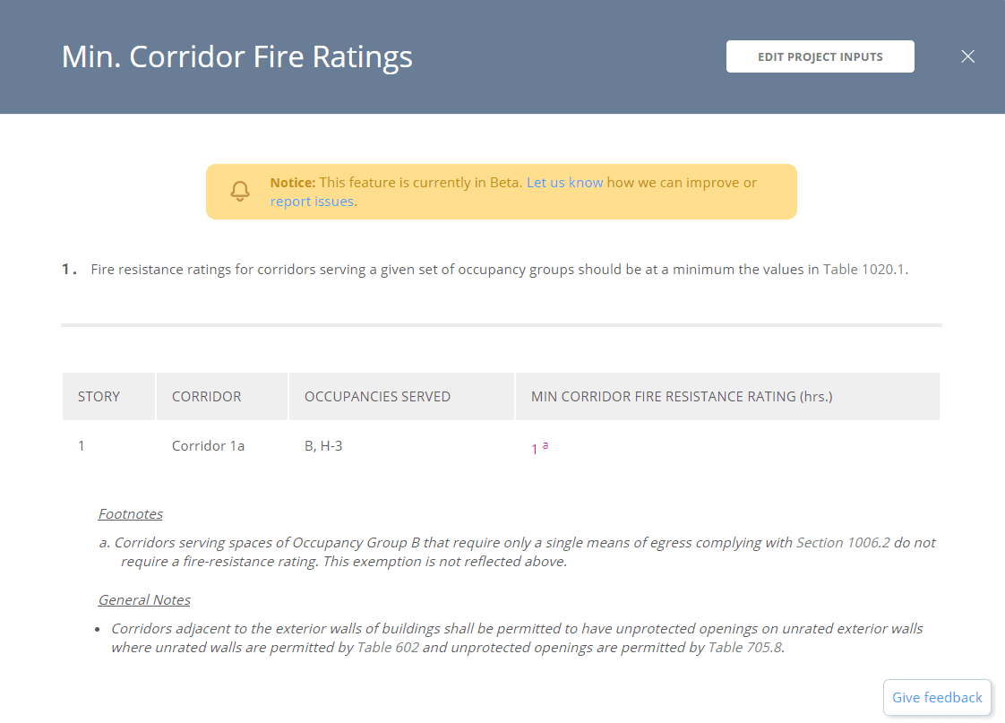 UpCodes Minimum Corridor Fire Ratings Calculator