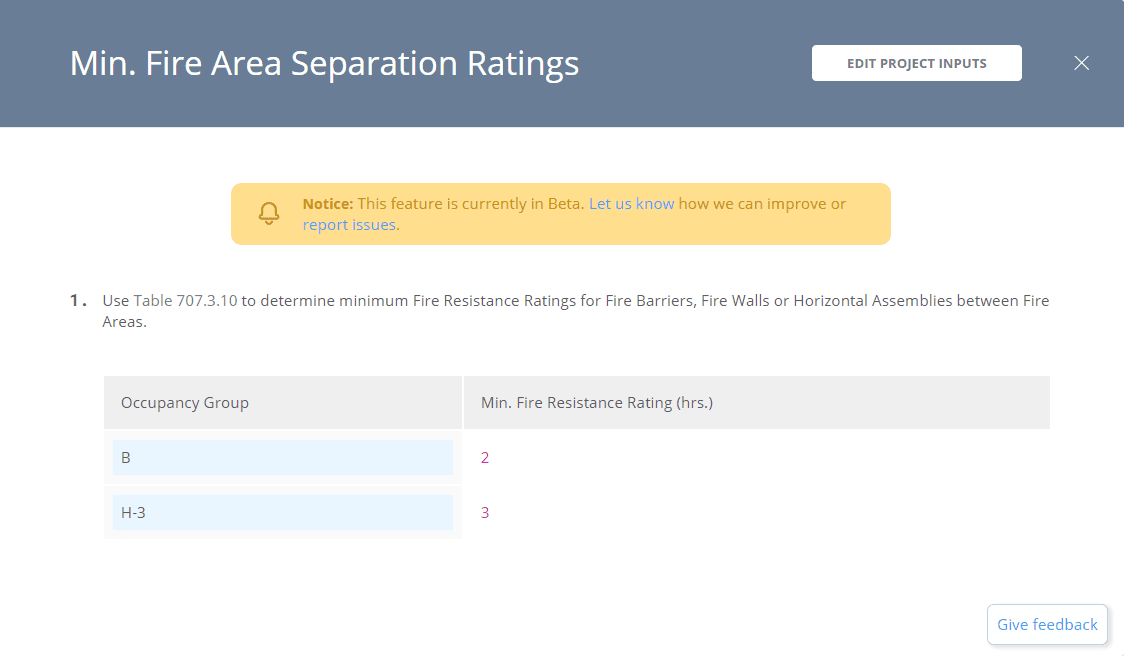UpCodes Minimum Fire Area Separation Ratings Calculator