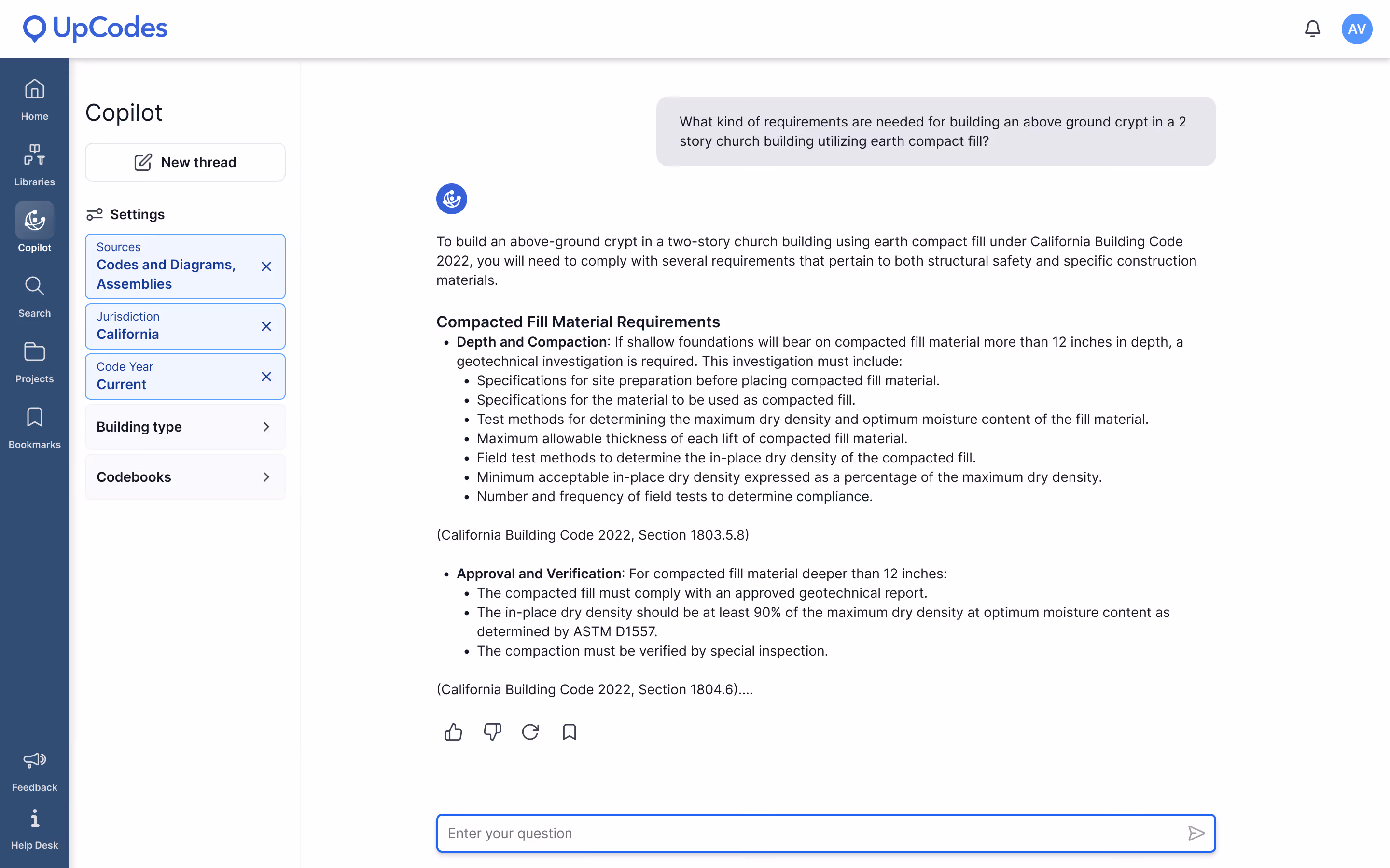 Excerpt of an UpCodes Copilot exchange about the requirements for a church with a crypt