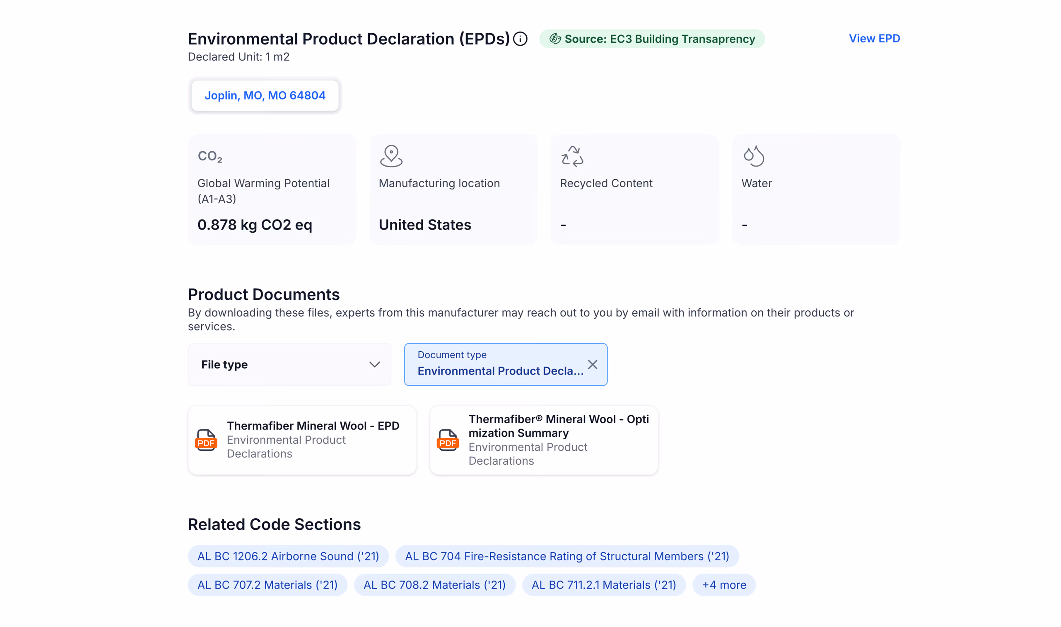 Screenshot of Owens Corning's product documents on UpCodes