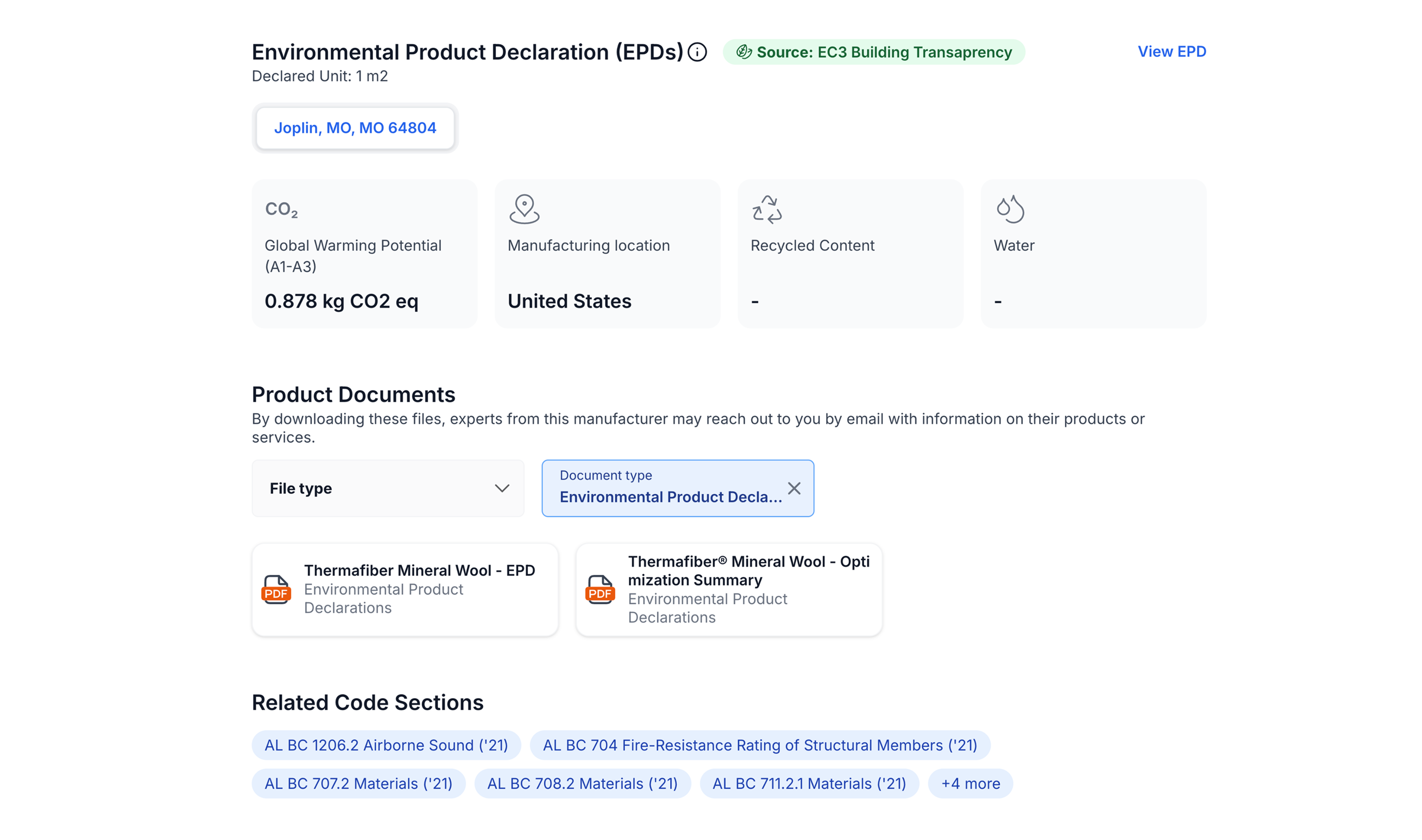 Screenshot of Owens Corning's product documents on UpCodes