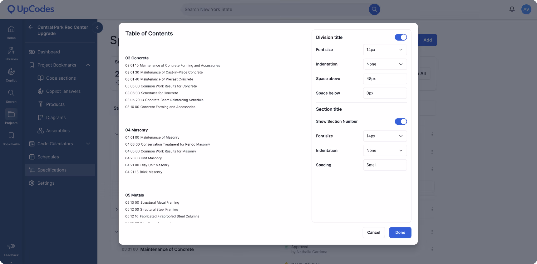 Specifications Table of Contents with customizable formatting options.