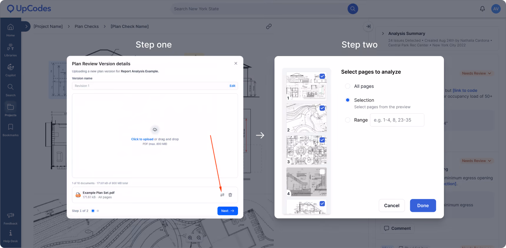 Plan Review page selection modal showing individual pages for analysis.