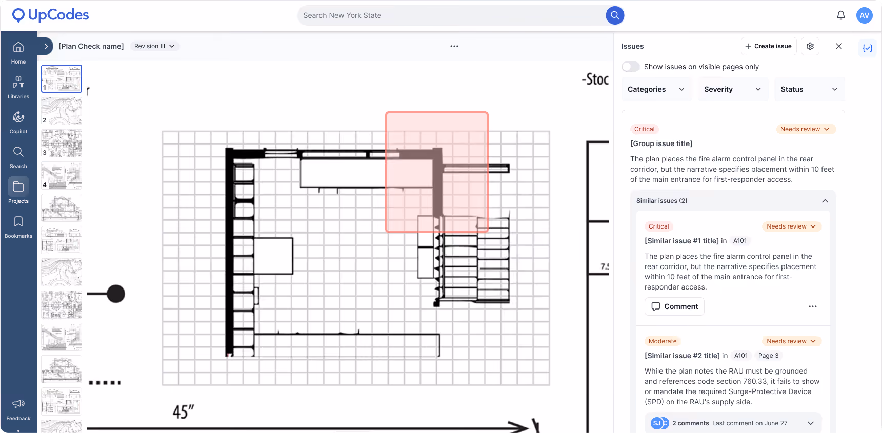 Plan Review showing an issue selected within a drawing.