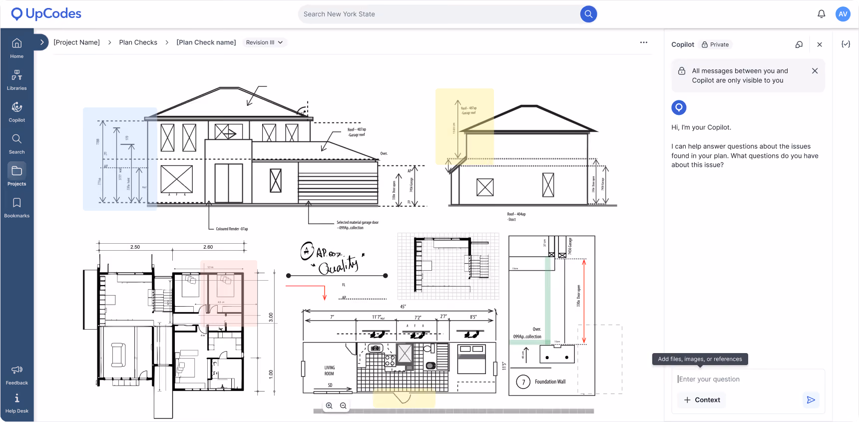 Plan Review showing drawings with UpCodes Copilot open alongside the plan.