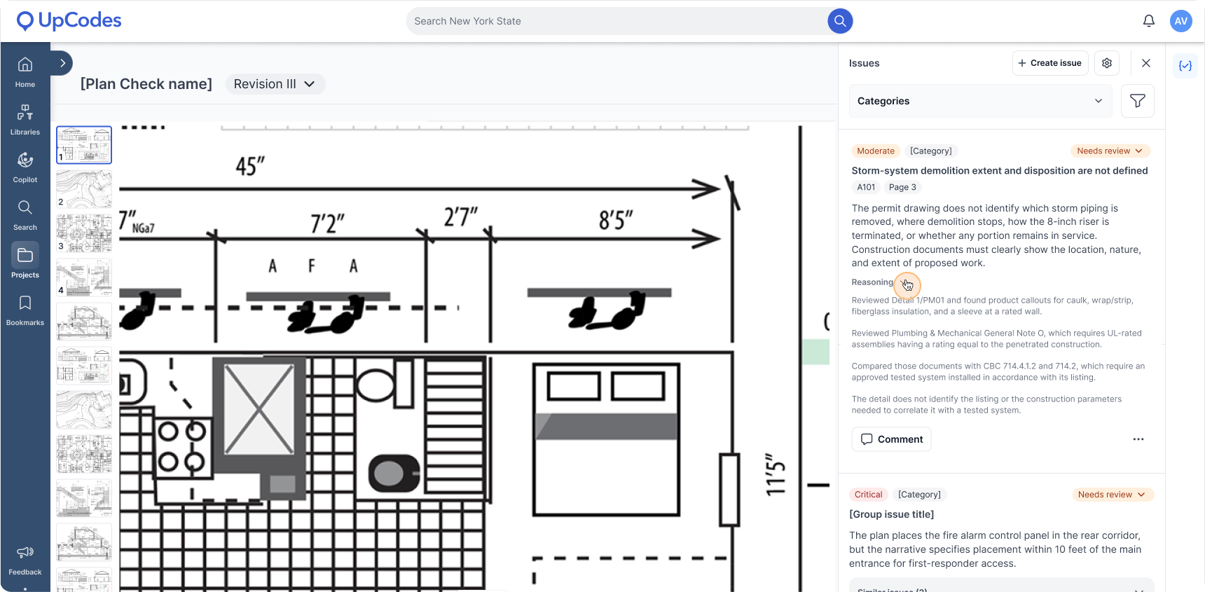 UpCodes Plan Review showing issue details and supporting reasoning.‍