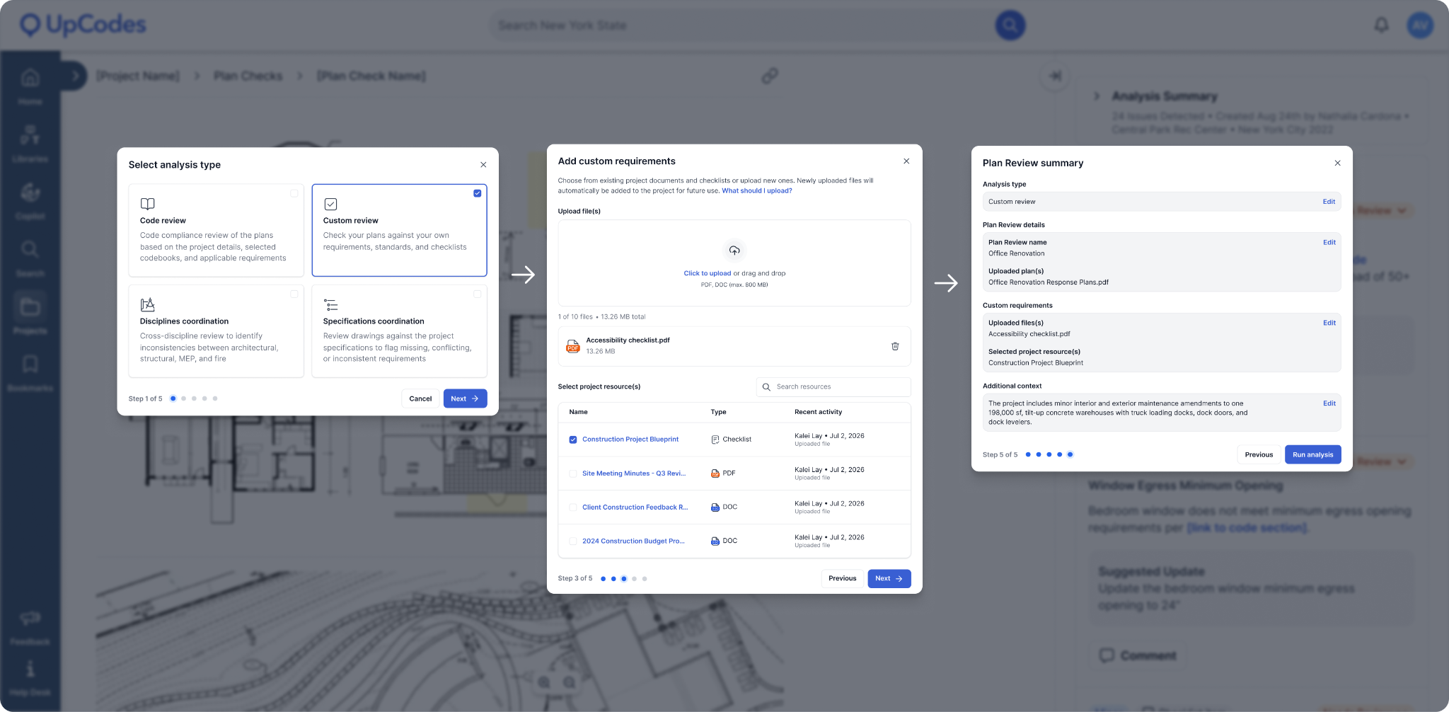 UpCodes Plan Review showing the Custom Review setup workflow.