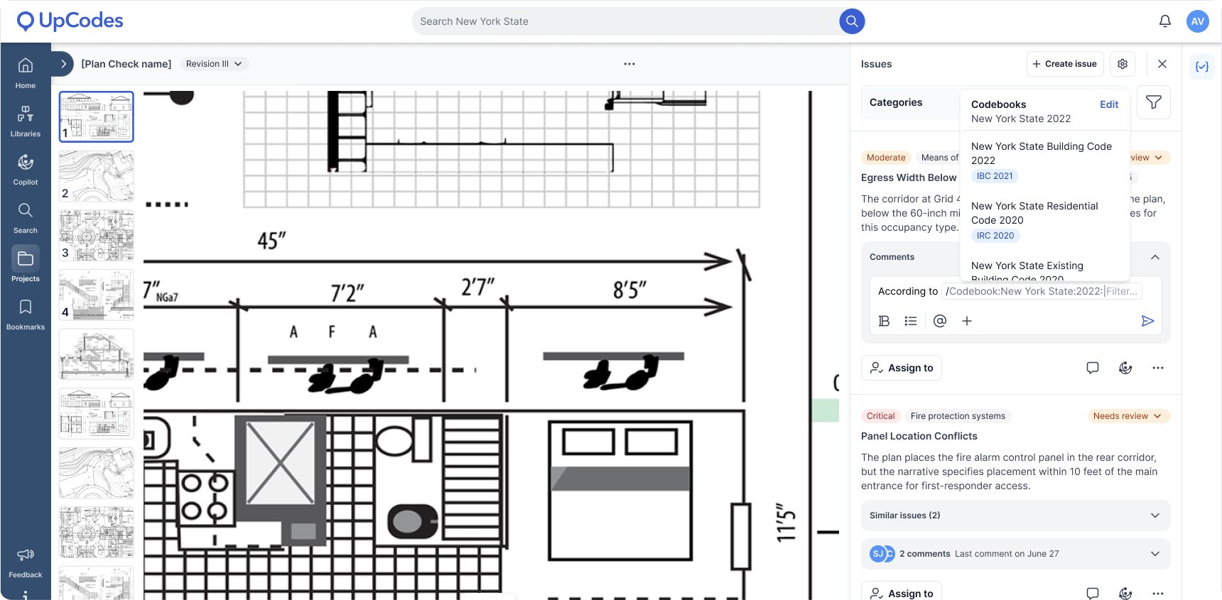UpCodes Plan Review showing custom issue comments with codebook references.