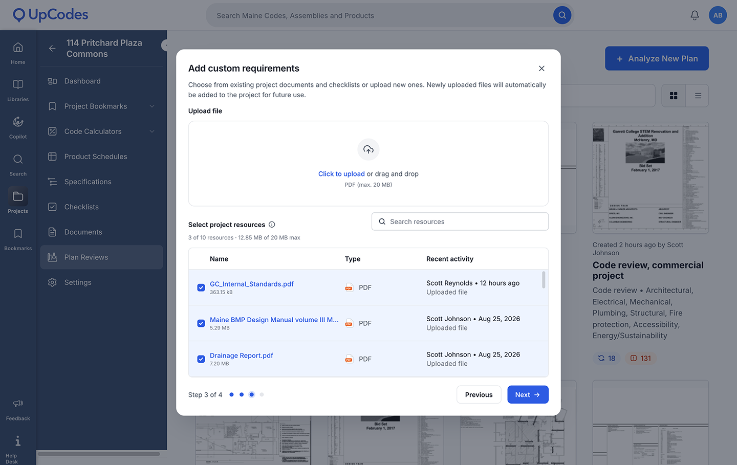 Screenshot of uploading multiple custom requirements for a plan review.