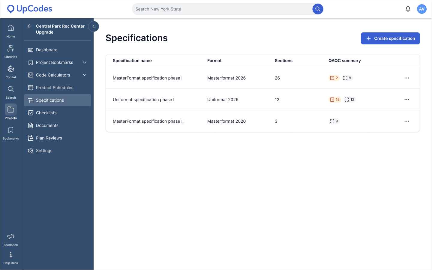 Screenshot of multiple specifications in one UpCodes project.