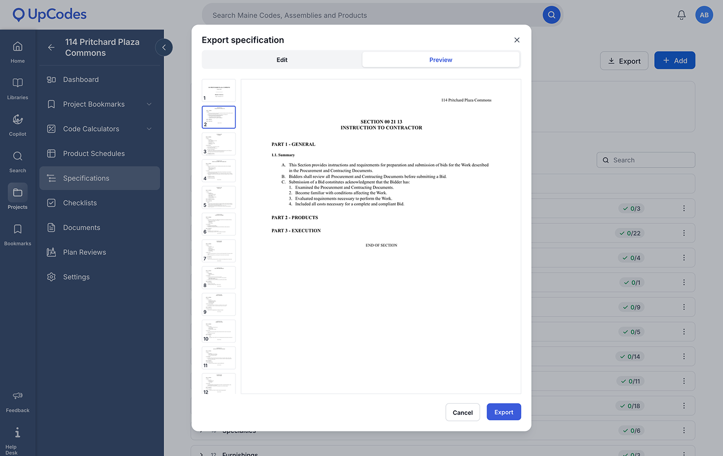Screenshot of previewing a spec from the export modal.