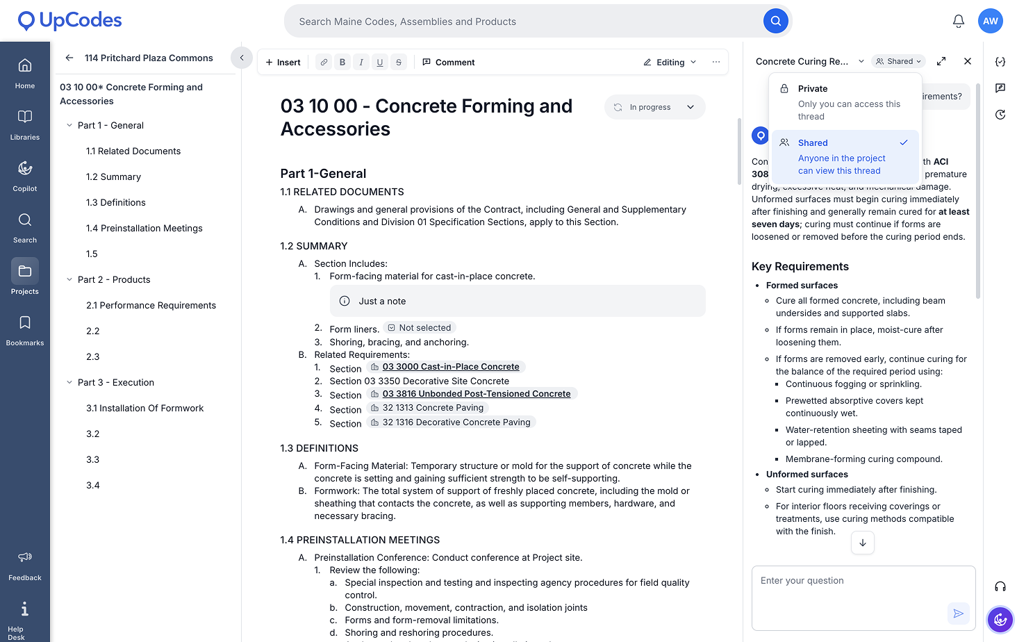 Screenshot of sharing a Copilot conversation within a spec.