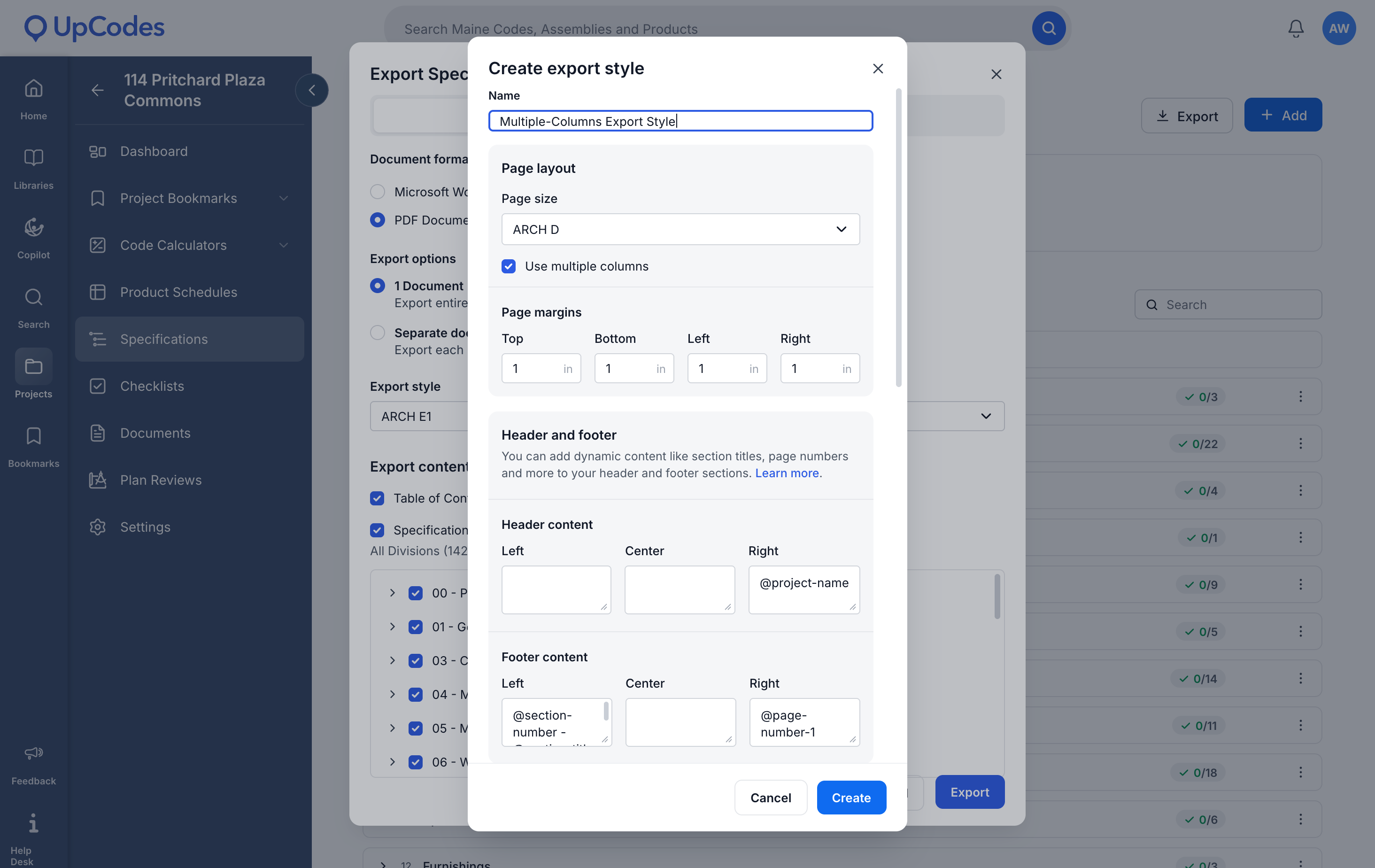 Screenshot of creating a custom spec export style with multiple columns.