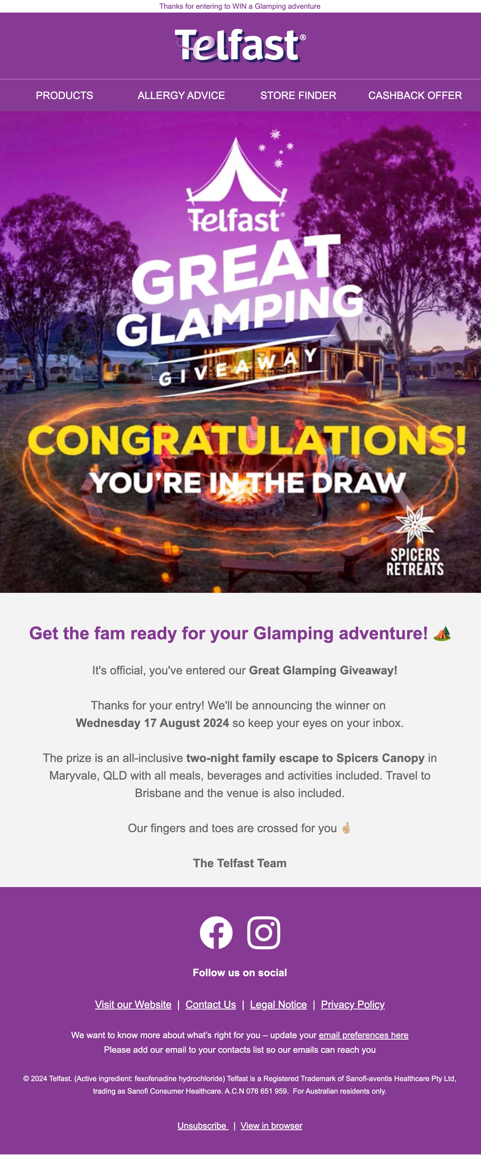Telfast Great Glamping Giveaway announcement showing people around a campfire at dusk with text congratulating entry into the draw for a two-night family escape to Spicers Canopy, Maryvale, QLD.