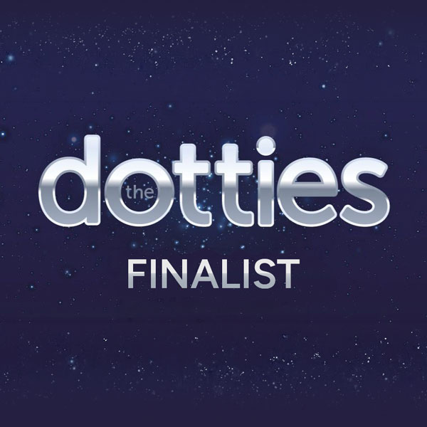 Silver text reading 'the dotties FINALIST' against a dark starry background.