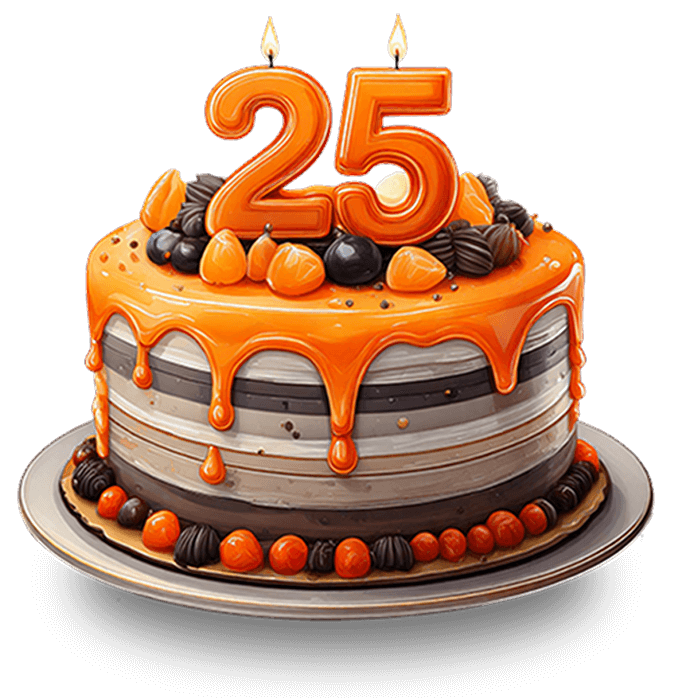 Round layered cake with orange icing drips, decorated with black and orange chocolates, topped with lit number 25 candles.