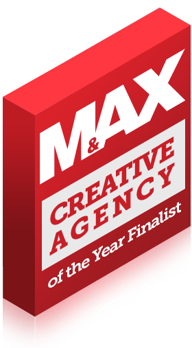 3D red award block with white text reading 'MAX Creative Agency of the Year Finalist'.