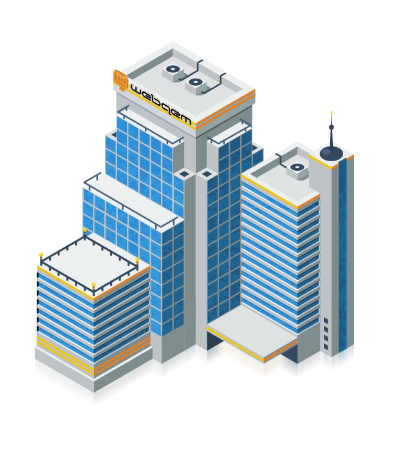 Isometric illustration of three modern office buildings with glass windows and rooftop equipment labeled 'webolem'.