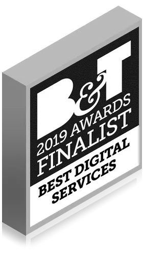 3D award plaque reading B&T 2019 Awards Finalist Best Digital Services.