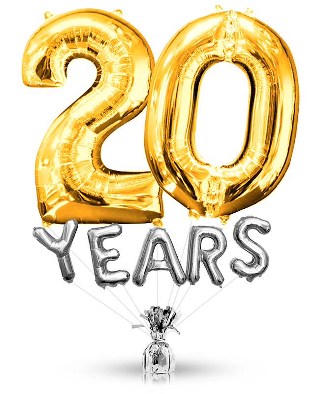 Gold foil balloons forming the number 20 with silver balloons spelling out YEARS beneath them.