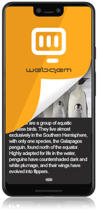 Smartphone screen displaying an eBook cover titled Webqaem, partially peeled back to reveal text about penguins and an image of three penguins.