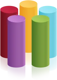 Five colorful vertical cylinders in red, purple, yellow, green, and blue on a white background.