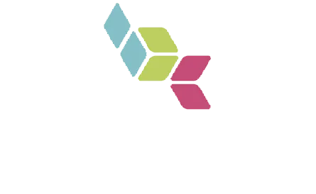 Six diamond shapes in blue, green, and pink arranged in a diagonal pattern on a white background.